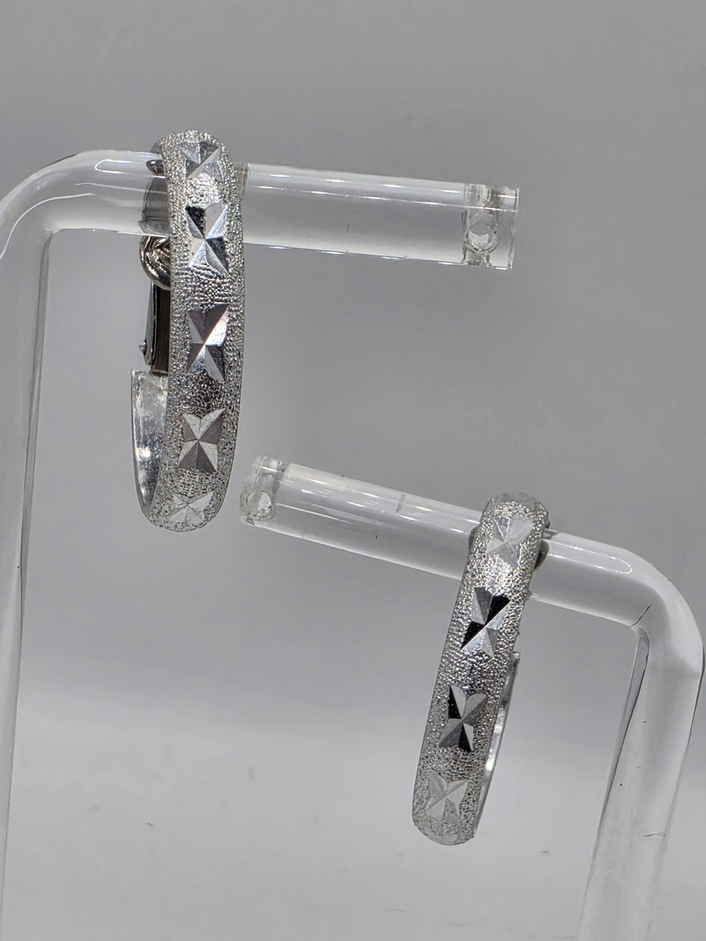 Wells Silver Toned Textured Diamond Cut Harlequin Finish Hoops Clip On Earrings